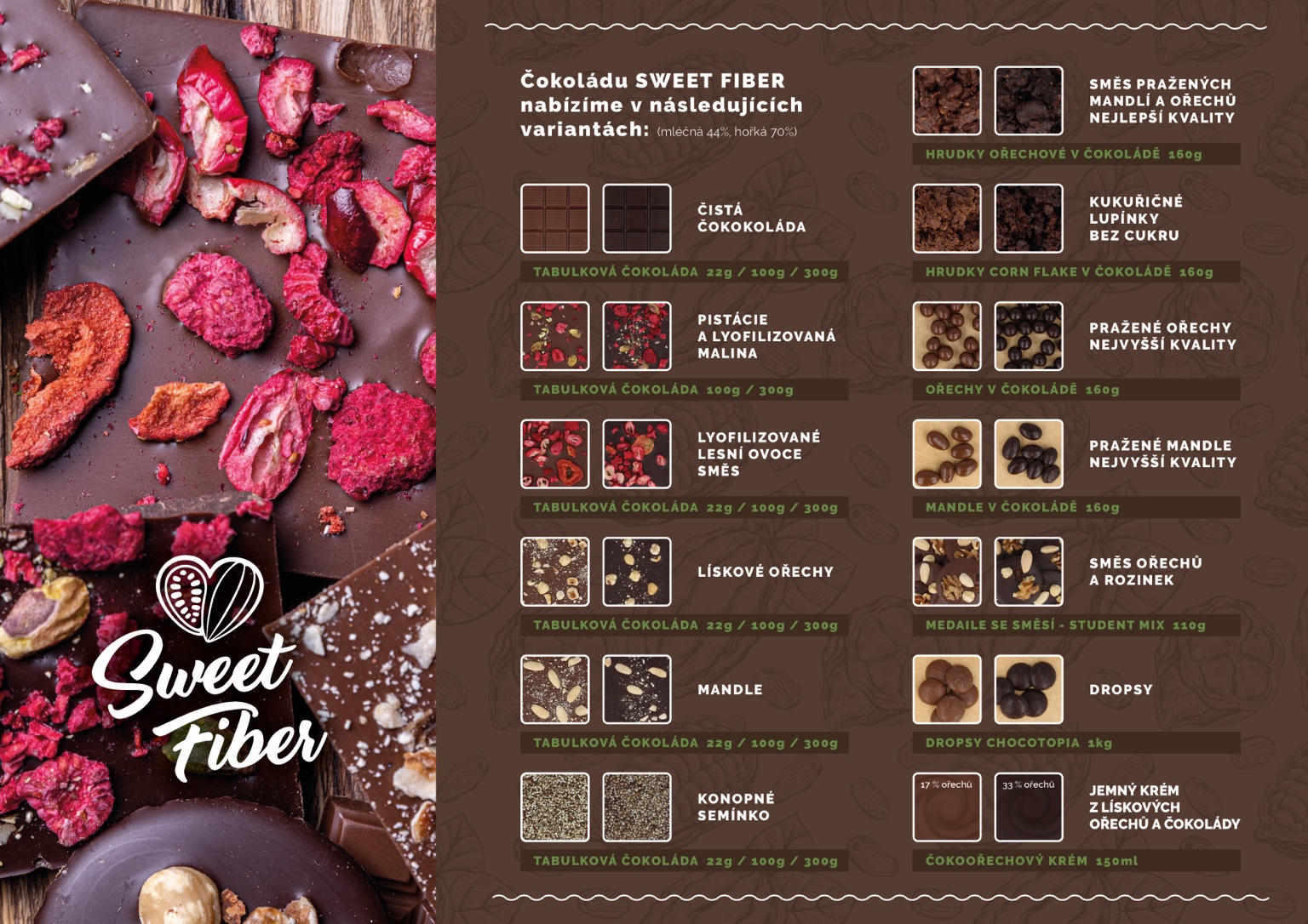 Sweet Fiber — produktová strana skládaného letáku; produktové fotografie dodal klient.