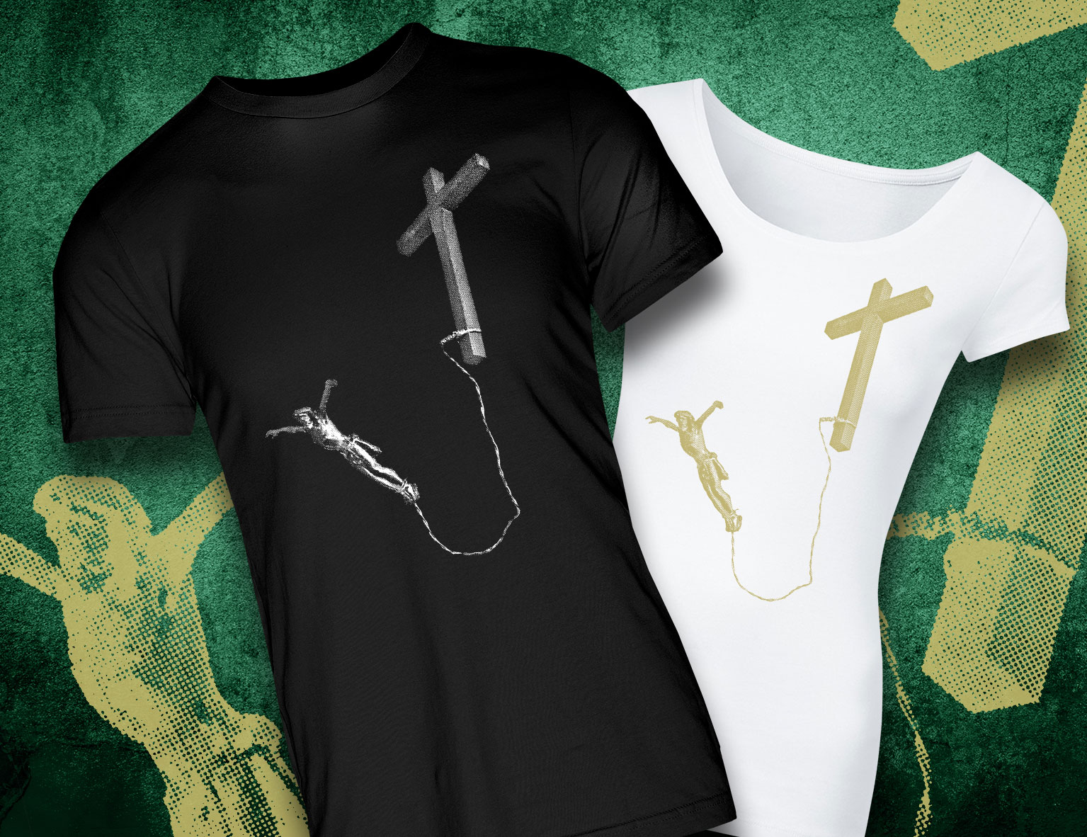 Original artwork — print visualisation on black and white T-shirts.
