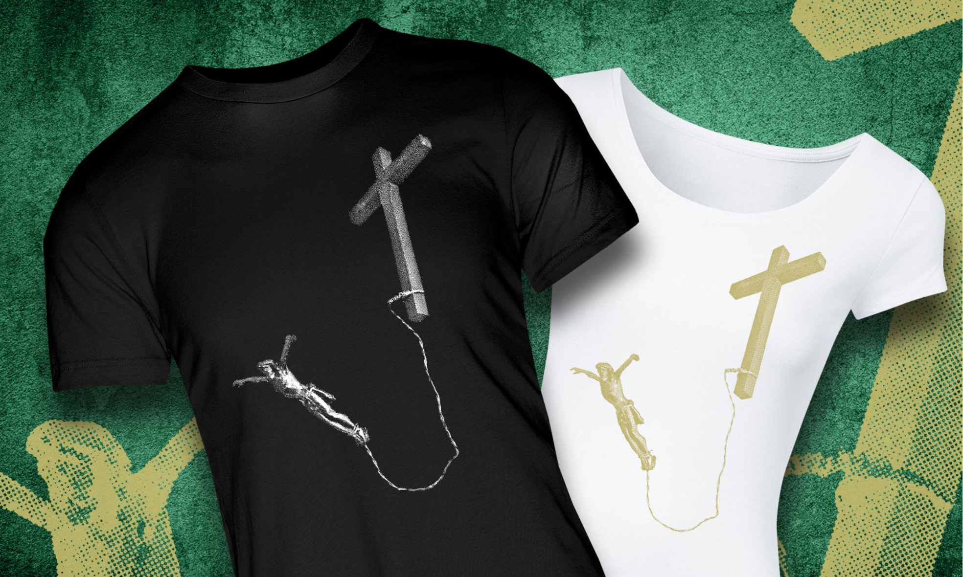 Original artwork — print visualisation on black and white T-shirts.