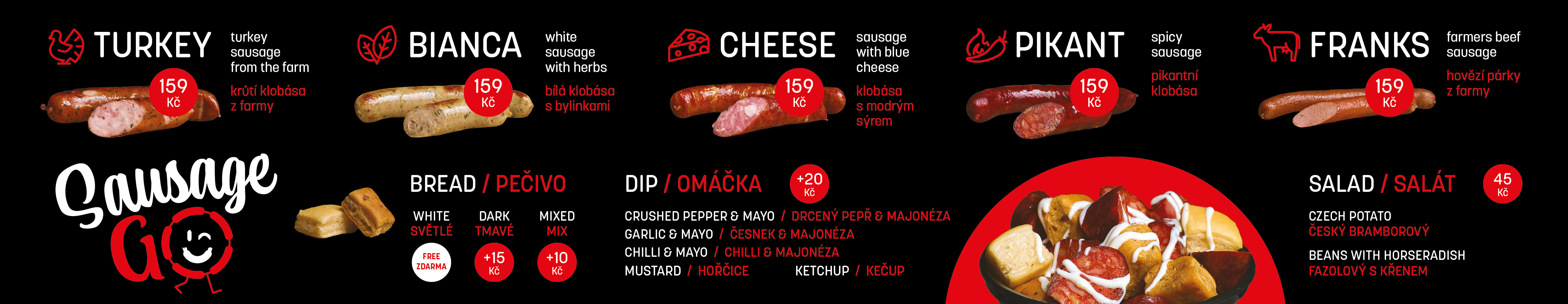 Široké menu s vlastními produktovými fotografiemi.