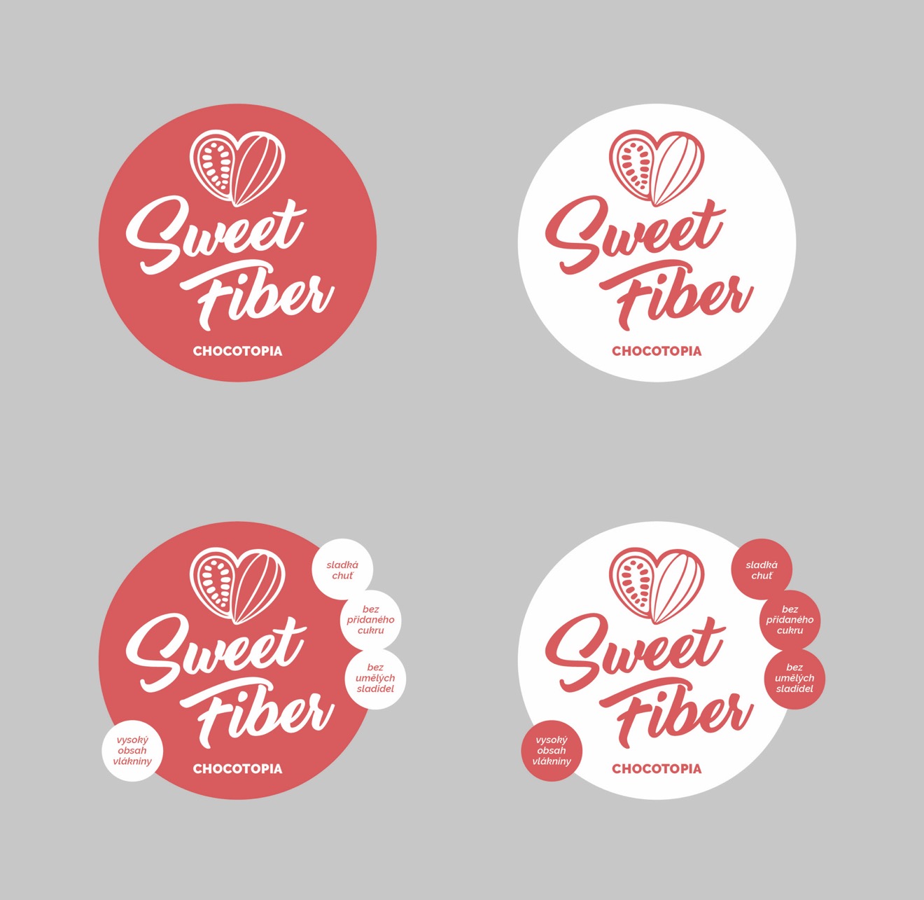Sweet Fiber — návrhy loga a jeho použití na kruhových etiketách.