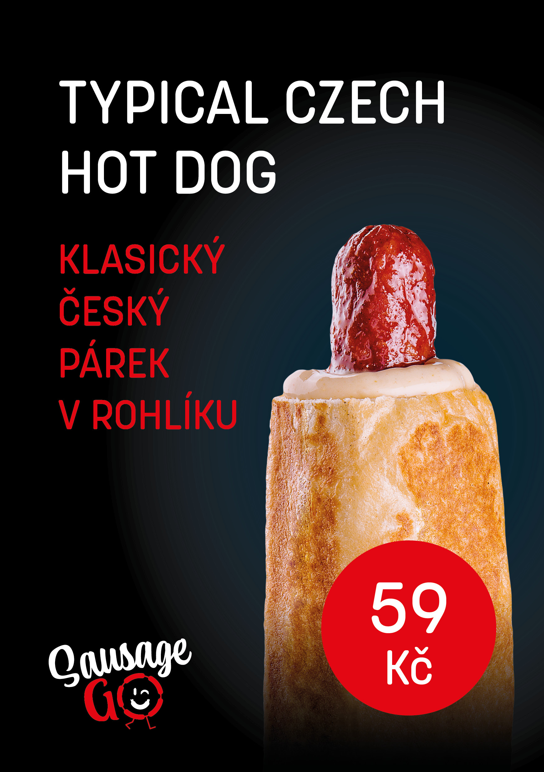 Prodejní cedulka s vlastní fotografií hot dogu.