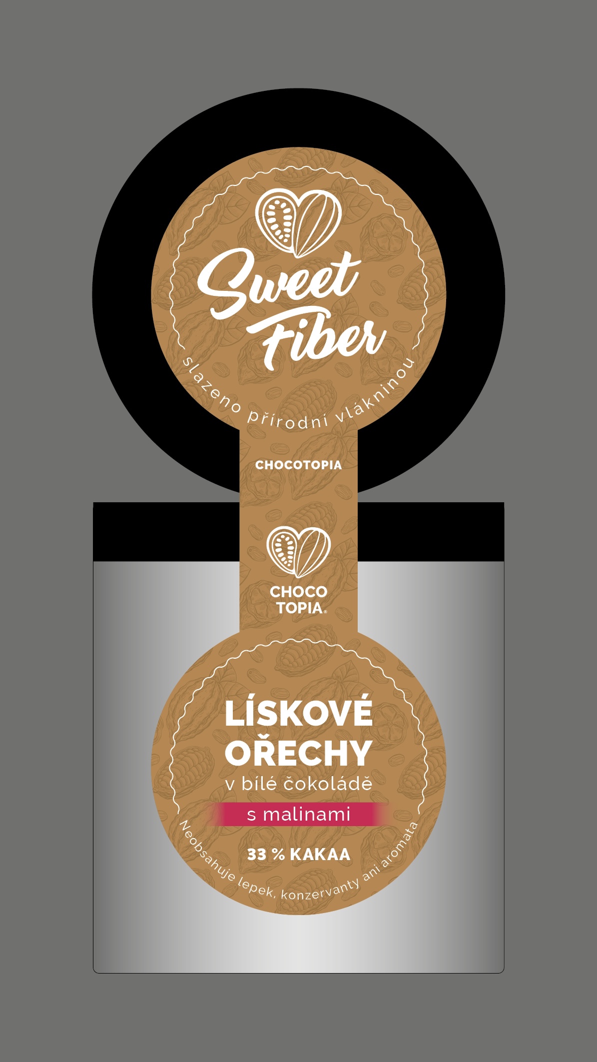 Sweet Fiber — návrh etikety pro lískové ořechy v bílé čokoládě s malinami.