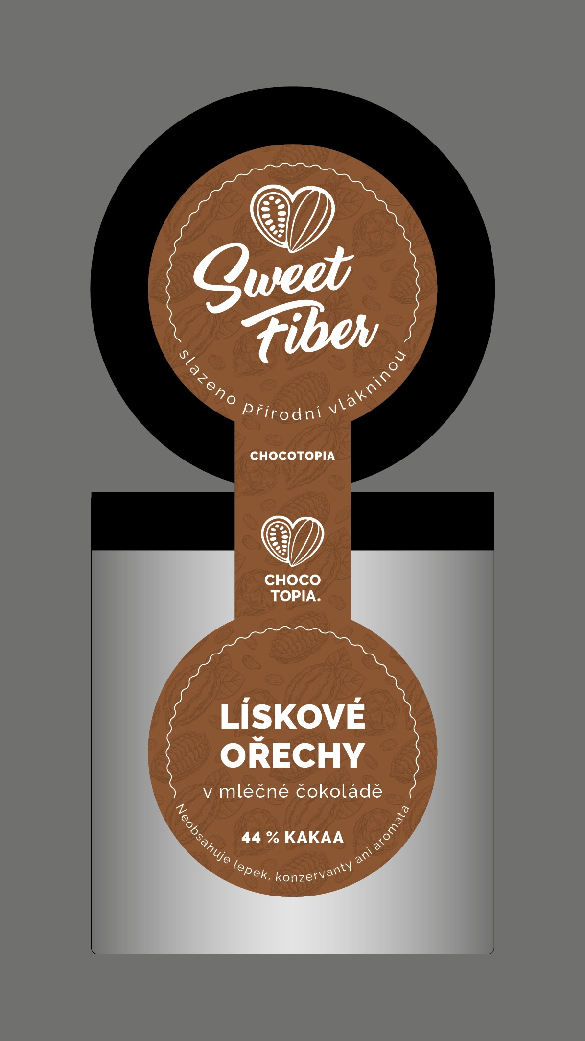 Sweet Fiber — návrh etikety pro lískové ořechy v mléčné čokoládě.