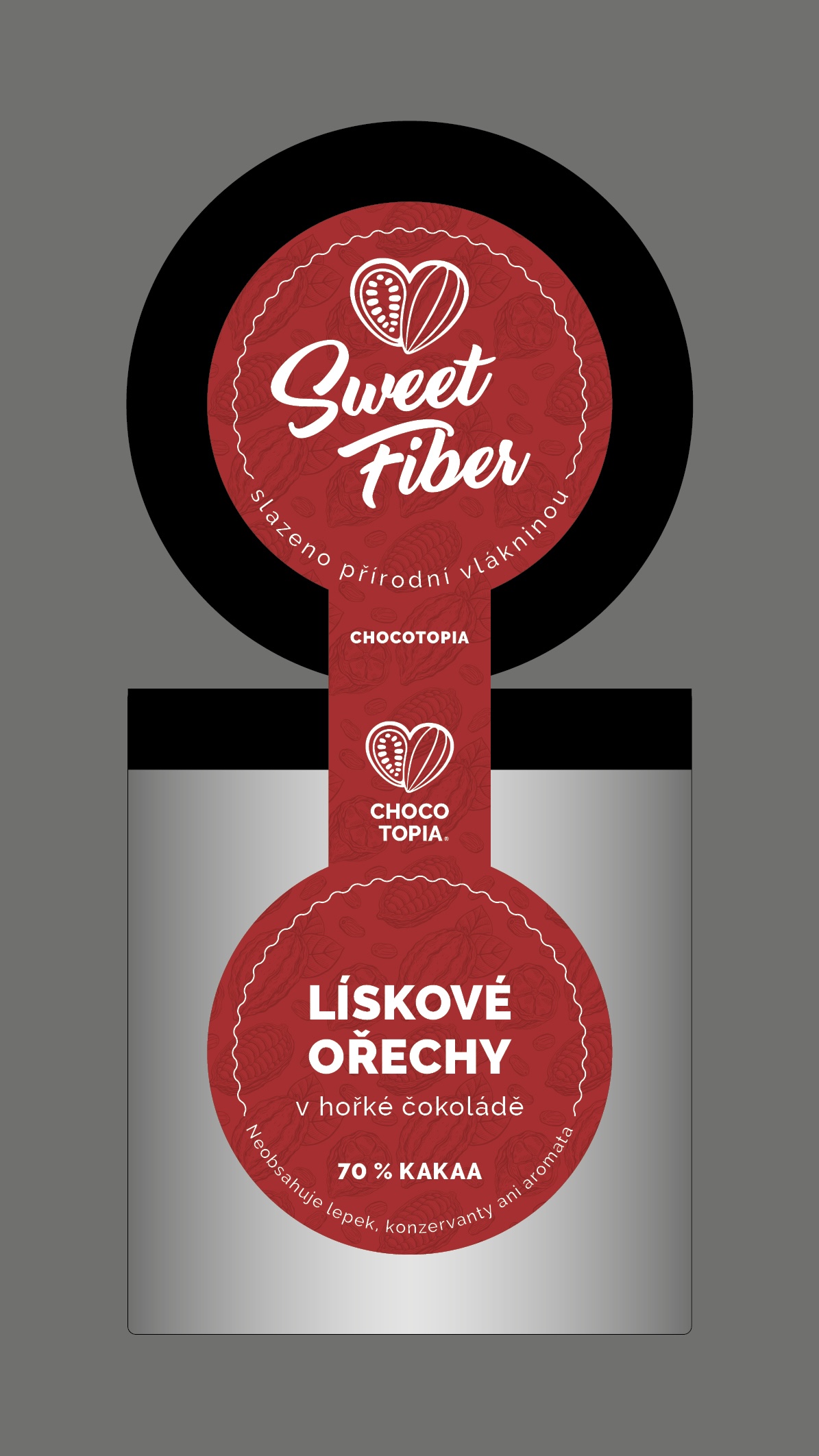 Sweet Fiber — návrh etikety pro lískové ořechy v hořké čokoládě.