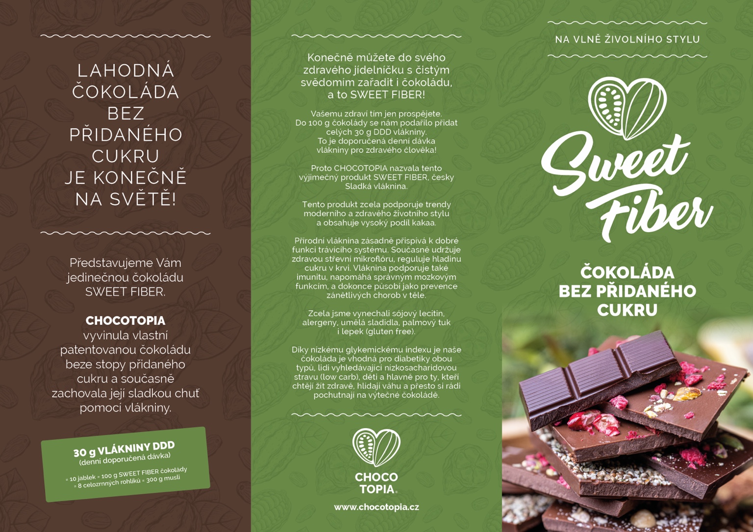 Sweet Fiber — vnější strana skládaného letáku; produktové fotografie dodal klient.